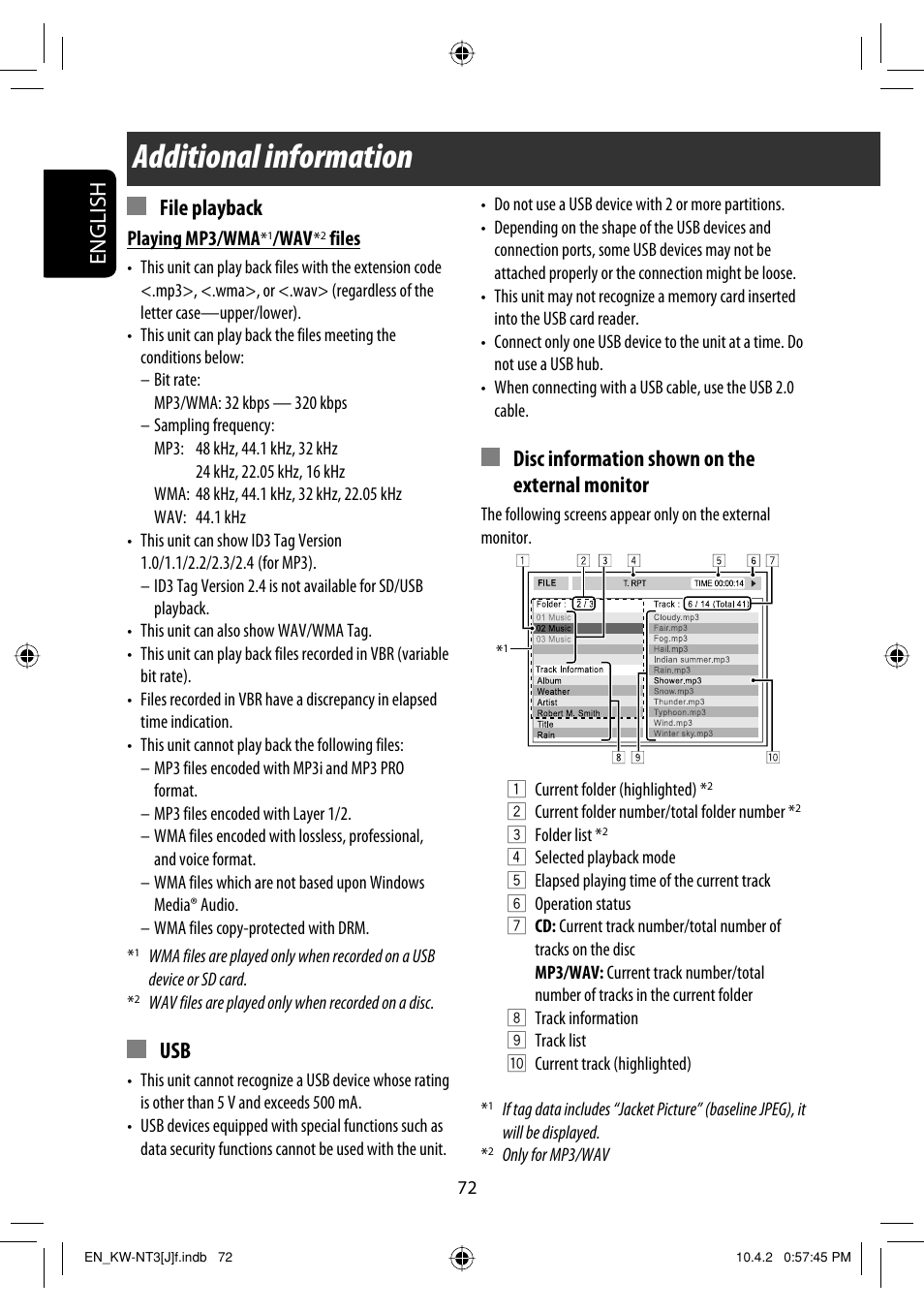 Additional information, English, Disc information shown on the external monitor | File playback | JVC KW-NT3HD User Manual | Page 72 / 281