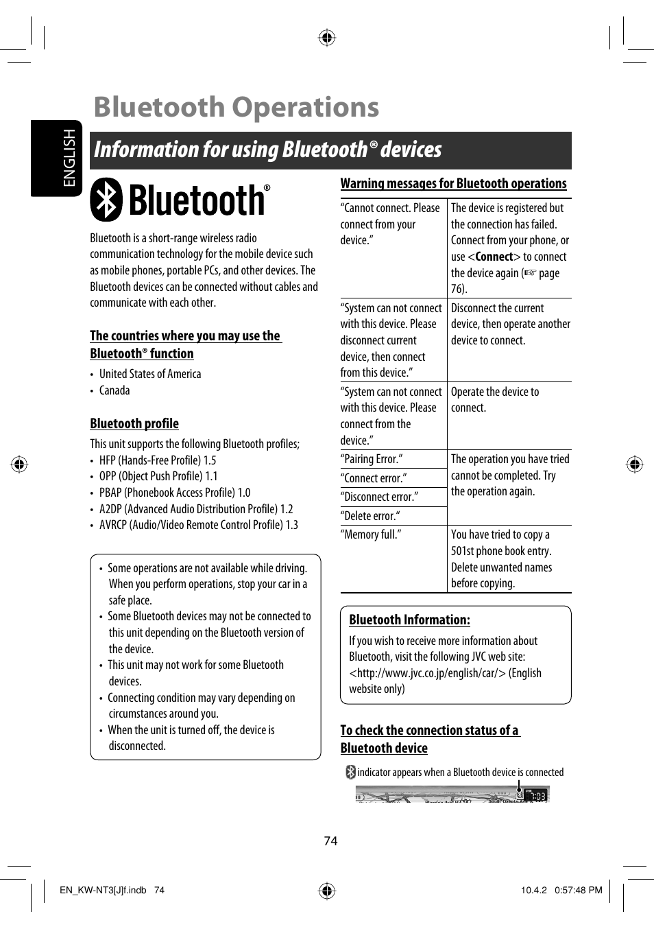 Bluetooth operations, Information for using bluetooth® devices | JVC KW-NT3HD User Manual | Page 74 / 281