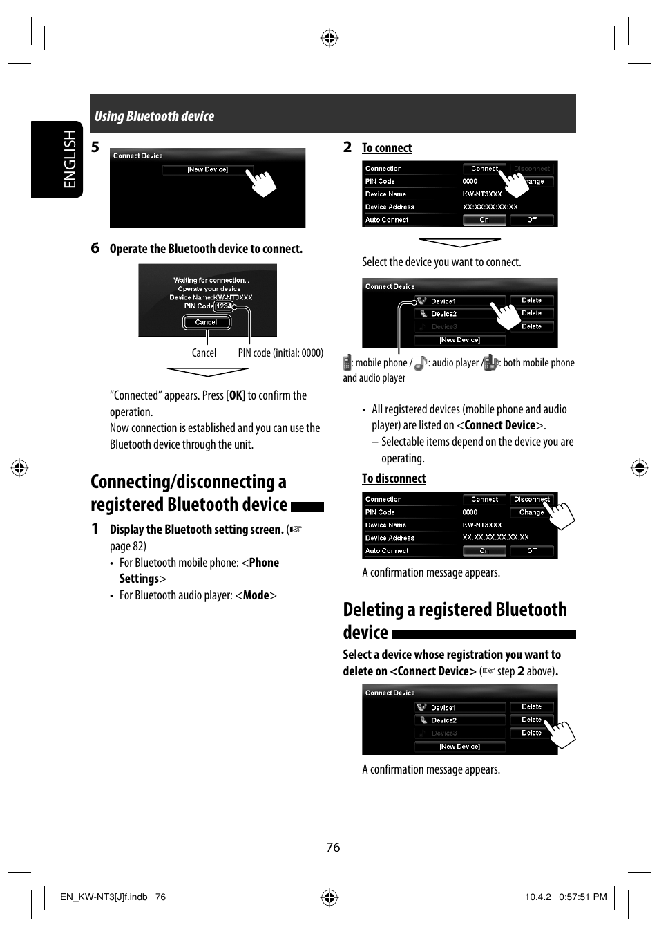 Deleting a registered bluetooth device, English | JVC KW-NT3HD User Manual | Page 76 / 281