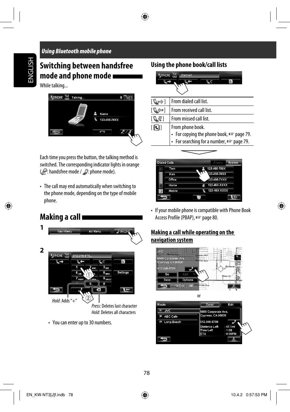 Switching between handsfree mode and phone mode, Making a call, Tentative | English, Using the phone book/call lists | JVC KW-NT3HD User Manual | Page 78 / 281