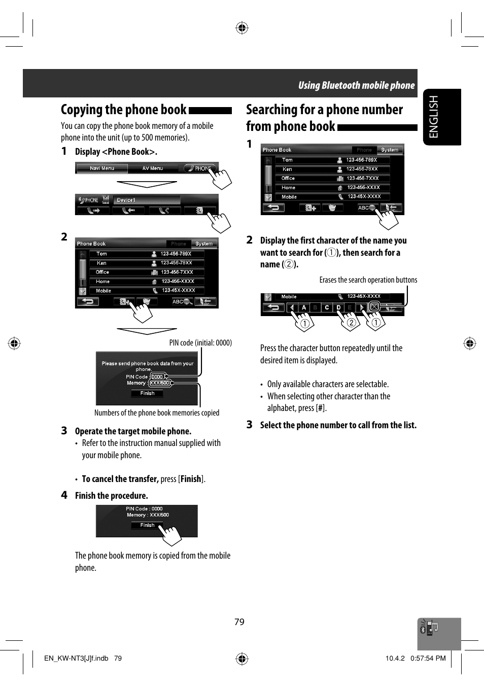 Copying the phone book, Searching for a phone number from phone book | JVC KW-NT3HD User Manual | Page 79 / 281