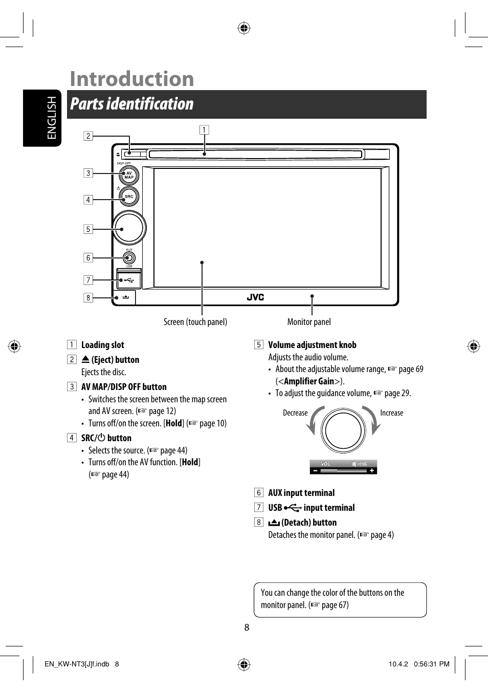 Introduction, Parts identification, English | JVC KW-NT3HD User Manual | Page 8 / 281