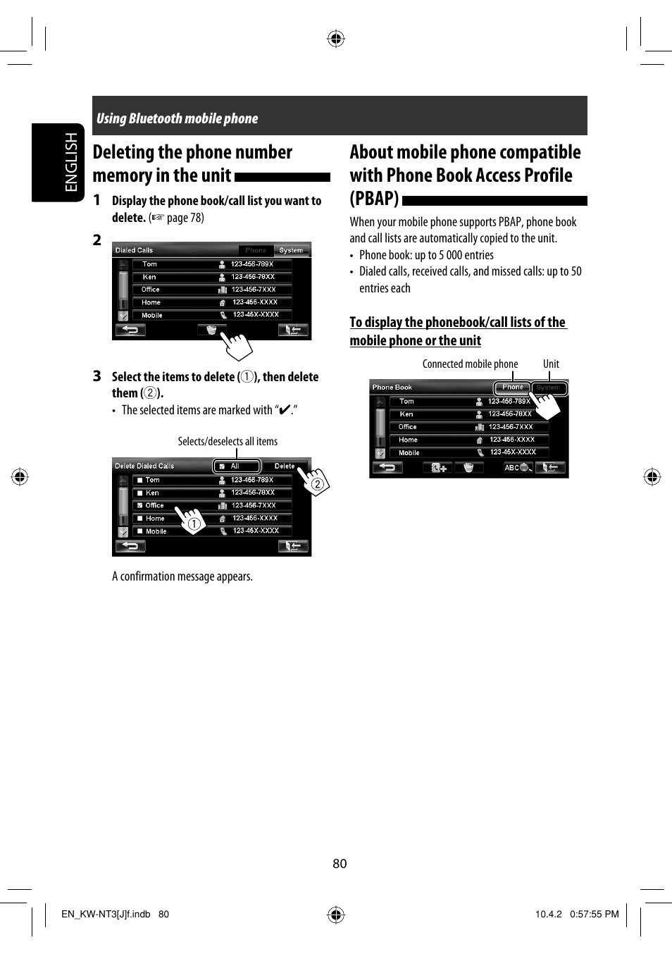 Deleting the phone number memory in the unit, English | JVC KW-NT3HD User Manual | Page 80 / 281