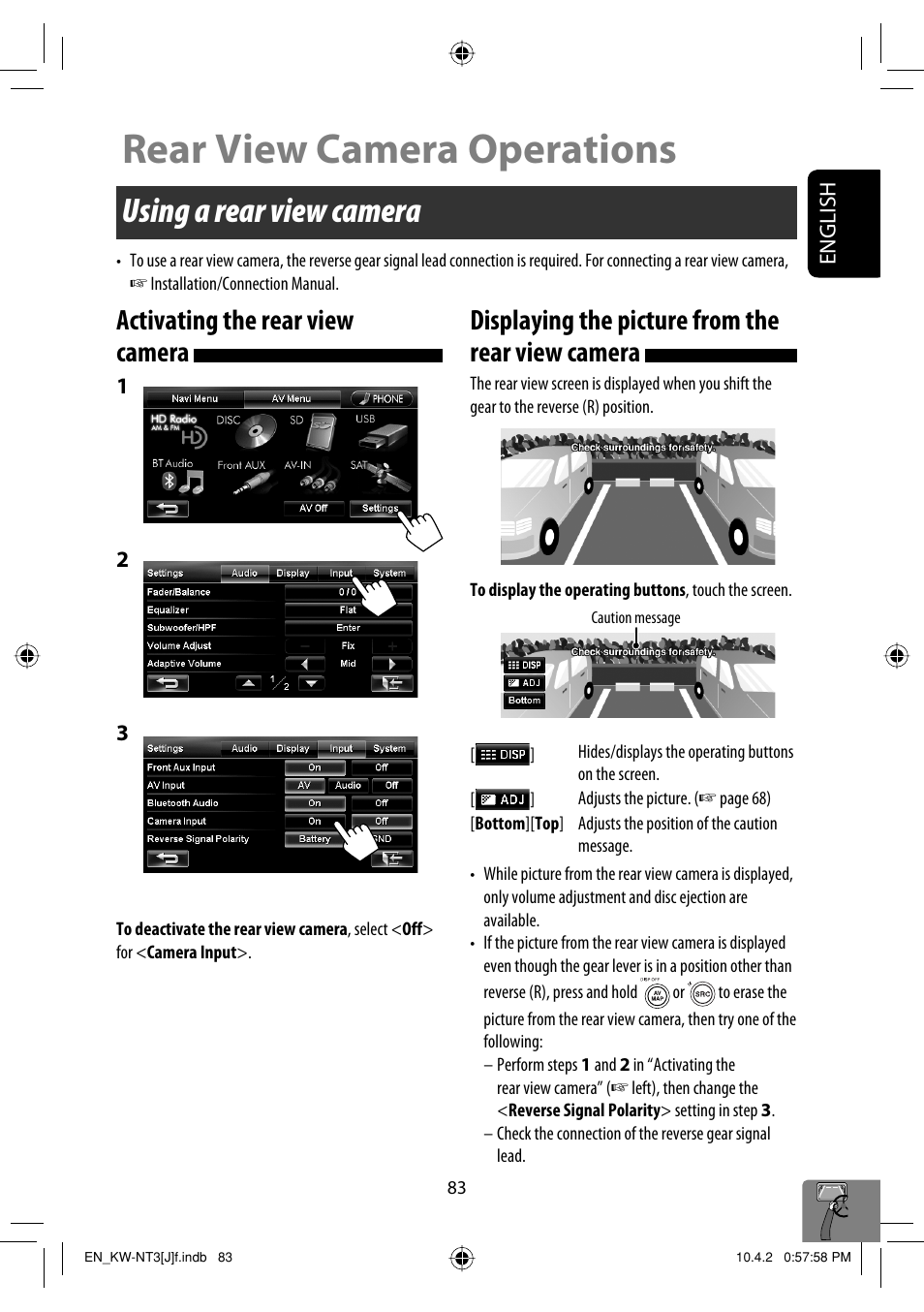 Rear view camera operations, Using a rear view camera, Activating the rear view camera | Displaying the picture from the rear view camera | JVC KW-NT3HD User Manual | Page 83 / 281
