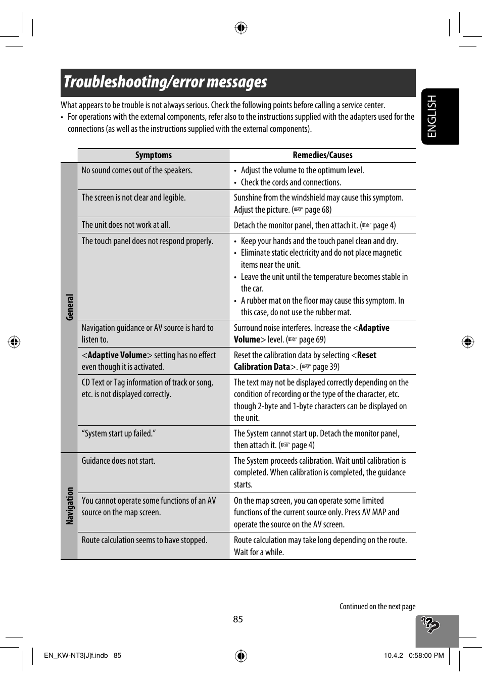 Troubleshooting/error messages, English | JVC KW-NT3HD User Manual | Page 85 / 281