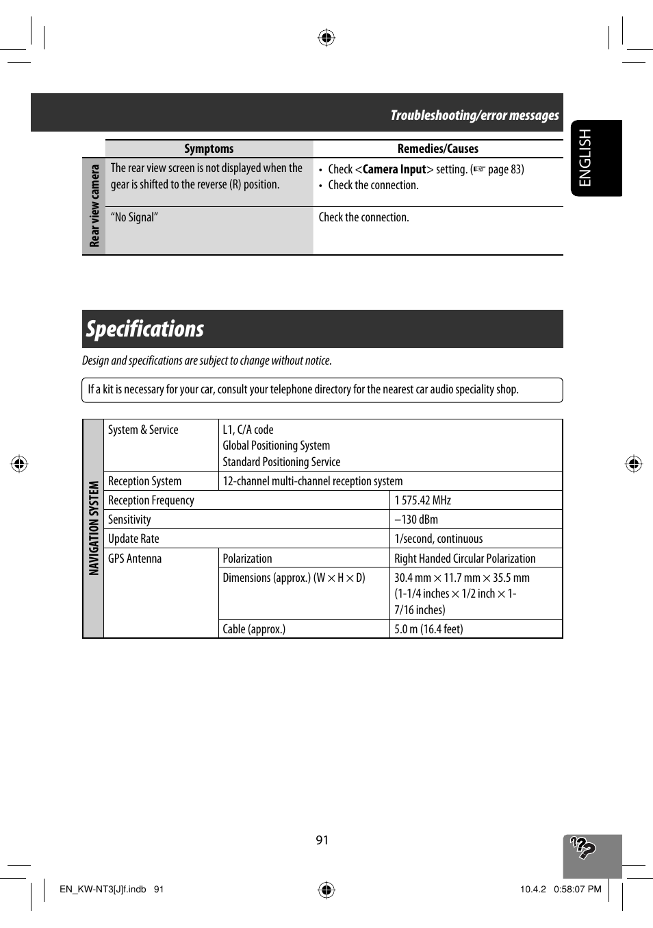 Specifications, English | JVC KW-NT3HD User Manual | Page 91 / 281