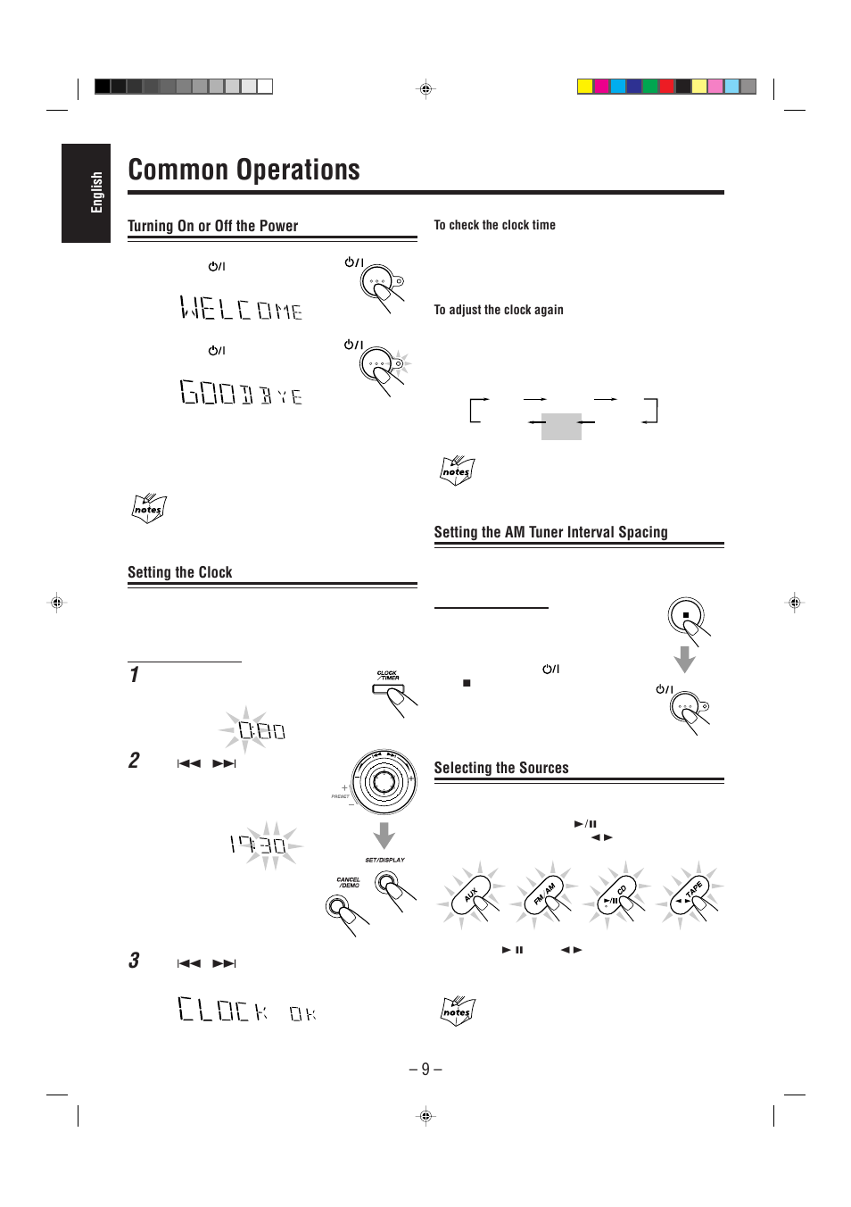 Common operations, Turning on or off the power, Setting the clock | Setting the am tuner interval spacing, Selecting the sources | JVC CA-MXGT90 User Manual | Page 14 / 40