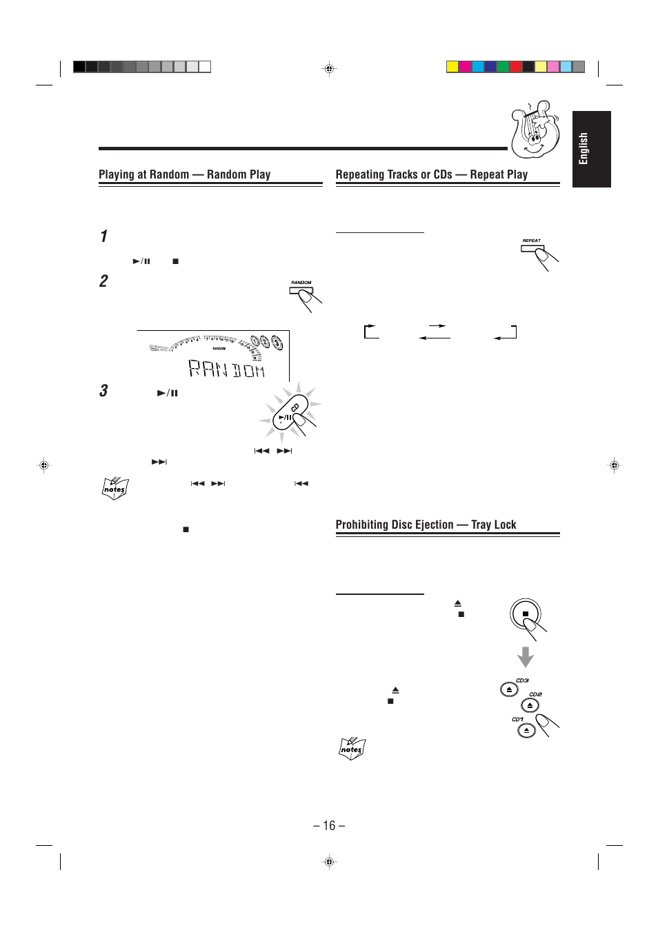 Playing at random — random play, Repeating tracks or cds — repeat play, Prohibiting disc ejection — tray lock | JVC CA-MXGT90 User Manual | Page 21 / 40