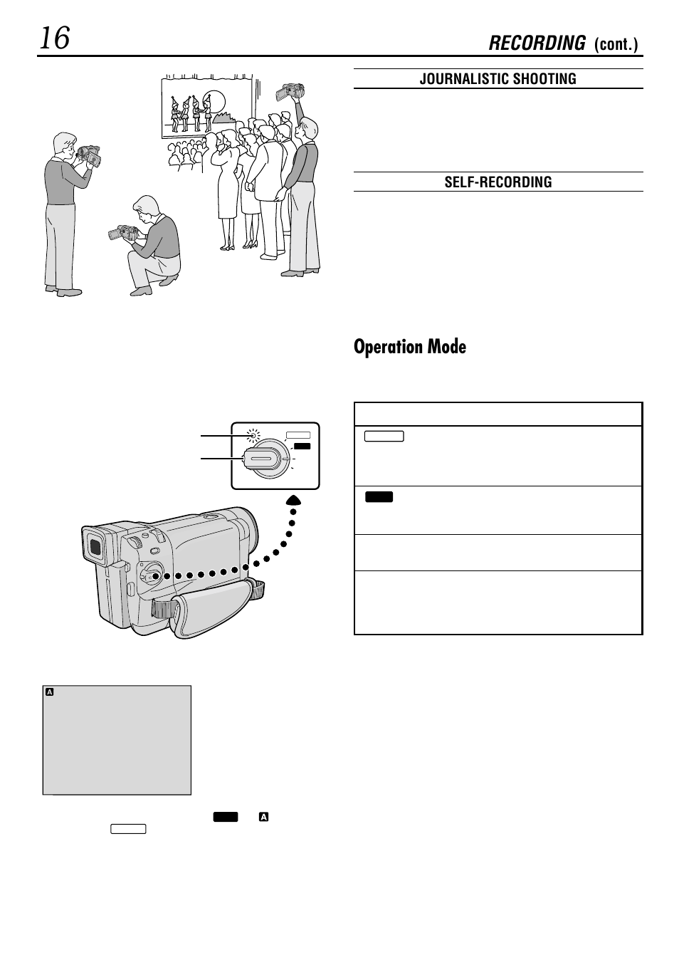 Recording, Operation mode, Cont.) | Journalistic shooting, Self-recording | JVC GR-DVL155 User Manual | Page 16 / 68