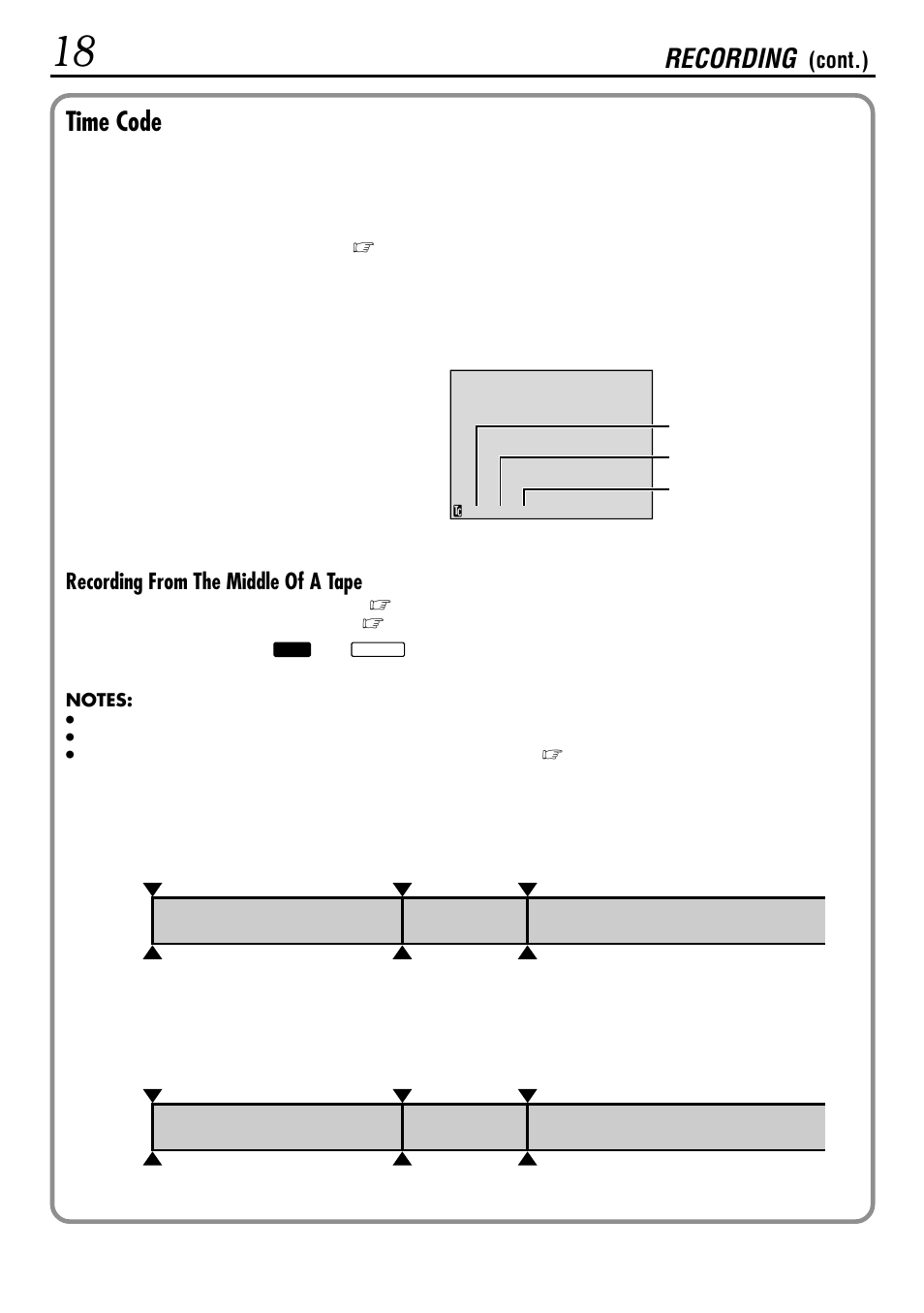 Time code, Recording, Recording from the middle of a tape | Cont.) | JVC GR-DVL155 User Manual | Page 18 / 68