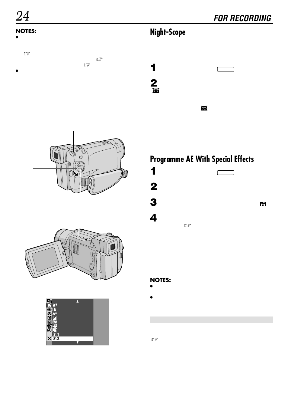 Programme ae with special effects, Night-scope, For recording | JVC GR-DVL155 User Manual | Page 24 / 68