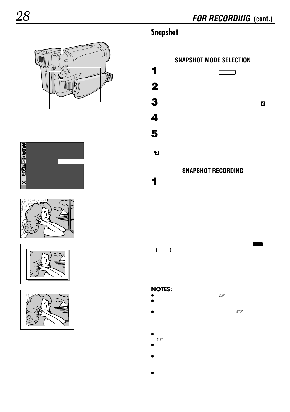 Snapshot, For recording, Cont.) | JVC GR-DVL155 User Manual | Page 28 / 68