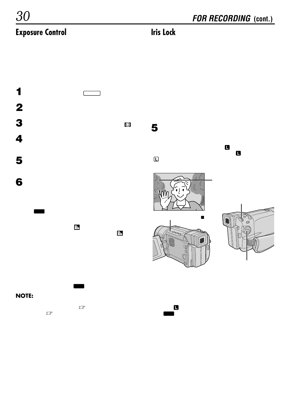 Exposure control, Iris lock, For recording | JVC GR-DVL155 User Manual | Page 30 / 68