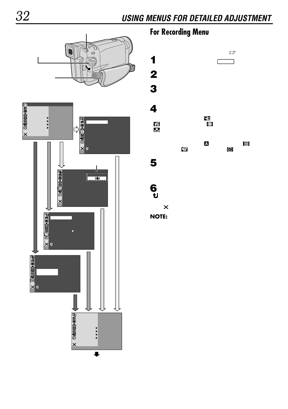 For recording menu, Using menus for detailed adjustment, Pg. 33 – 35) | Set the power switch to | JVC GR-DVL155 User Manual | Page 32 / 68