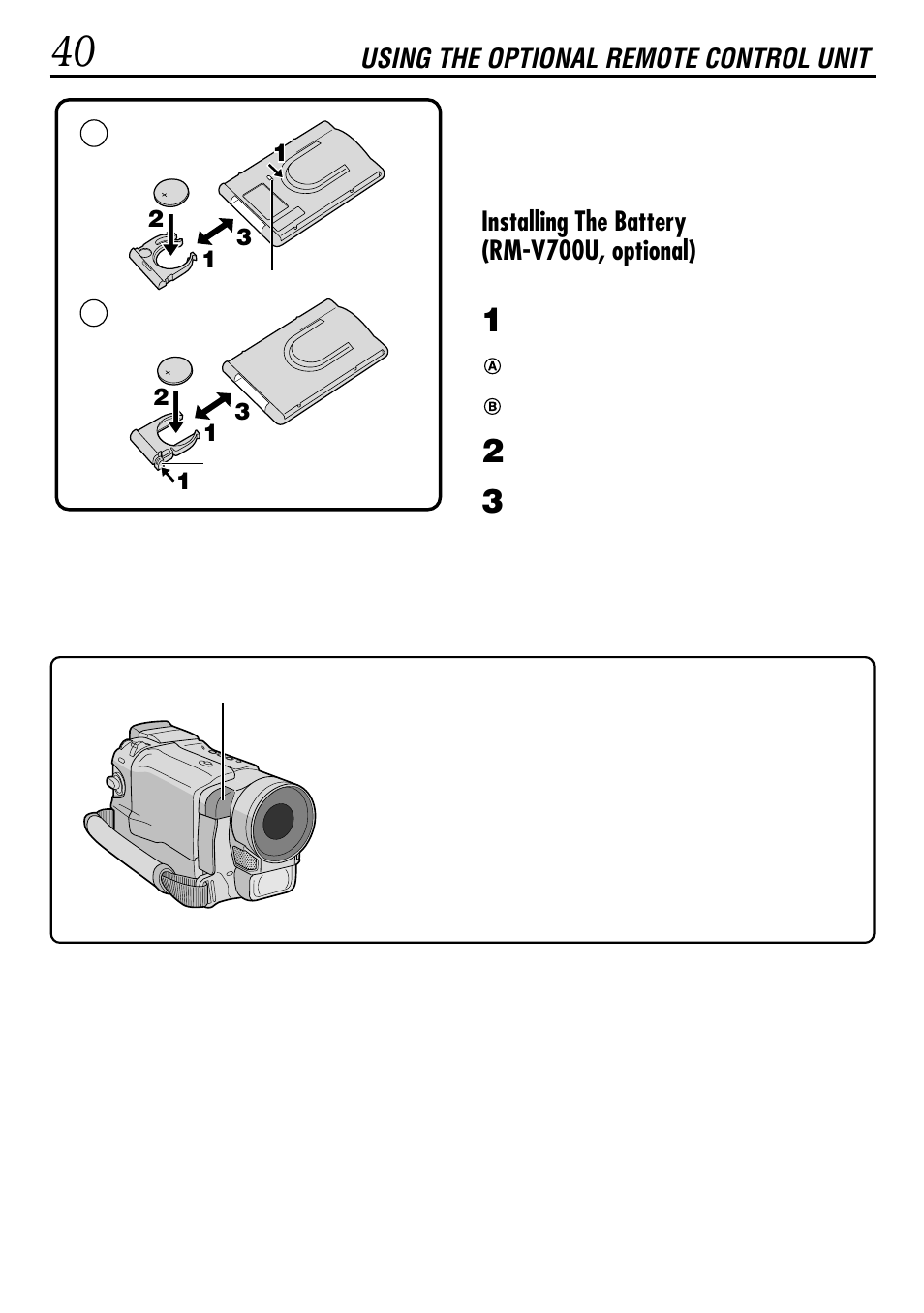 Using the optional remote control unit, Installing the battery (rm-v700u, optional) | JVC GR-DVL155 User Manual | Page 40 / 68