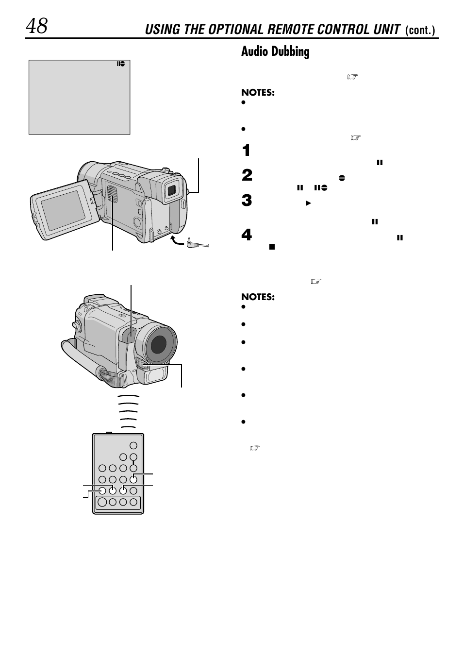 Audio dubbing, Using the optional remote control unit, Cont.) | JVC GR-DVL155 User Manual | Page 48 / 68