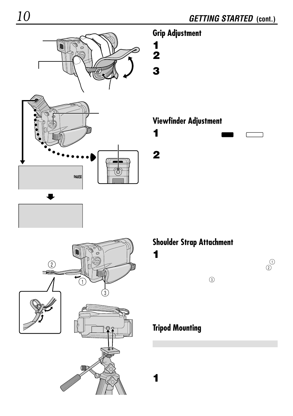 Getting started, Grip adjustment, Viewfinder adjustment | Shoulder strap attachment, Tripod mounting | JVC GR-DVL160 User Manual | Page 10 / 88