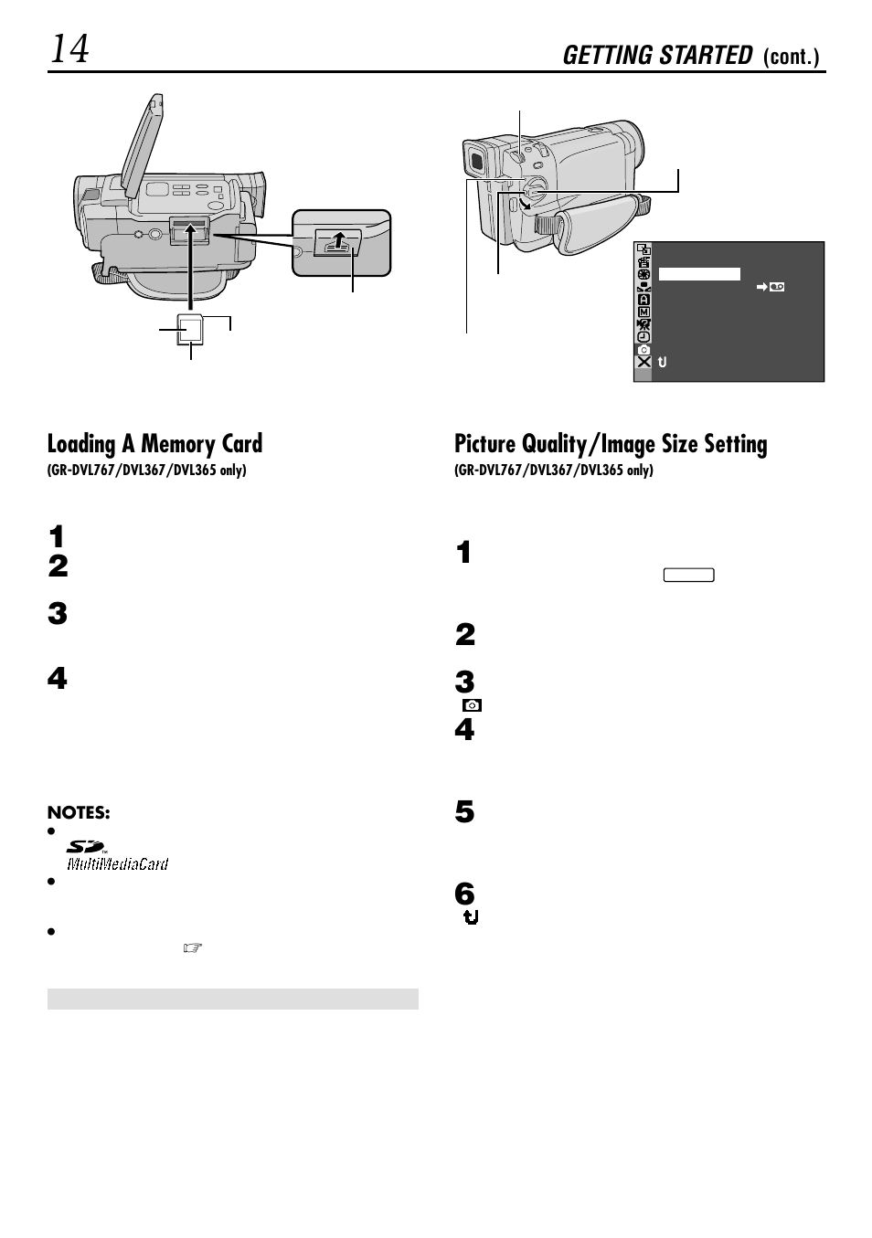 Getting started, Picture quality/image size setting | JVC GR-DVL160 User Manual | Page 14 / 88