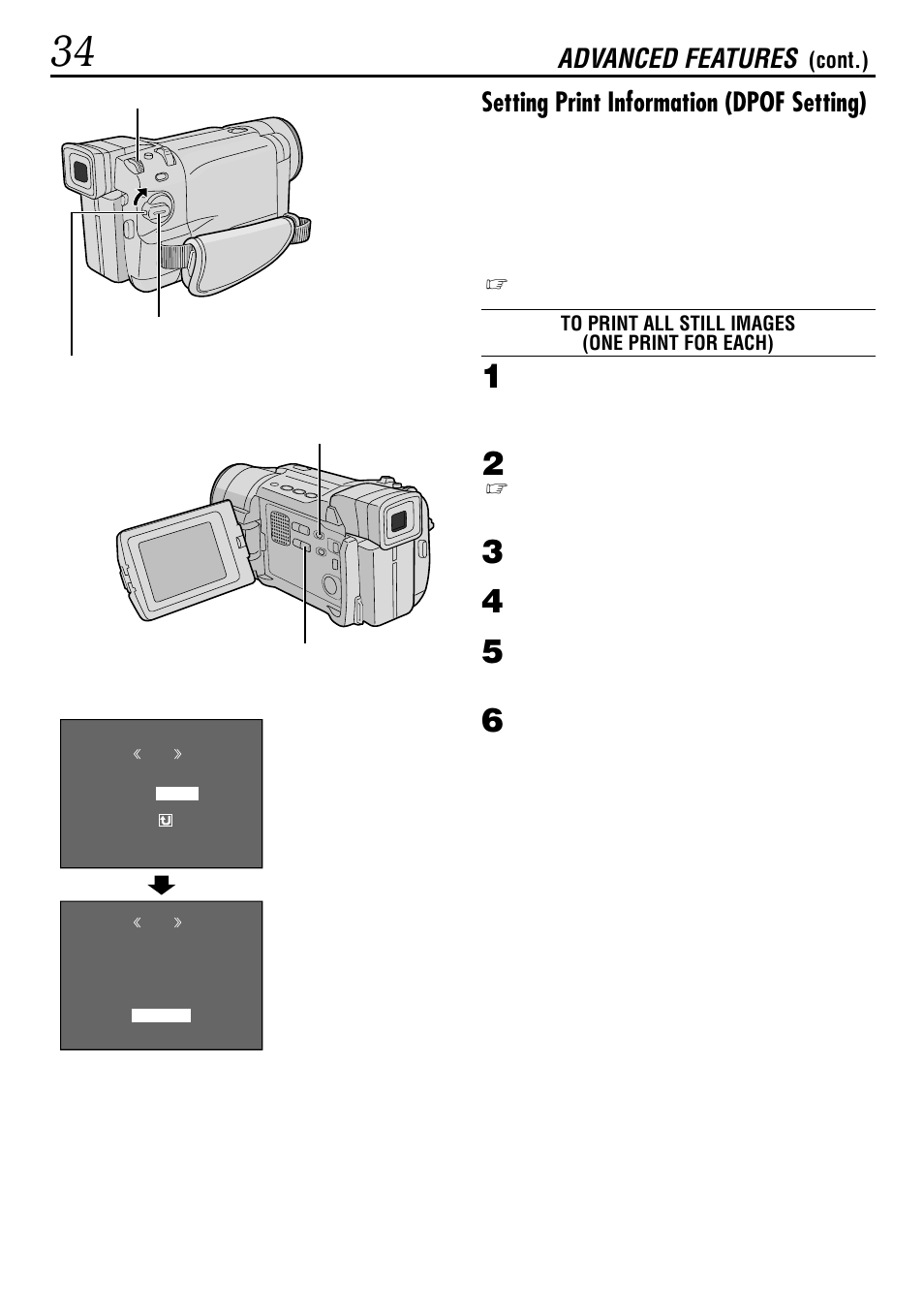 Setting print information (dpof setting), Advanced features, Cont.) | JVC GR-DVL160 User Manual | Page 34 / 88