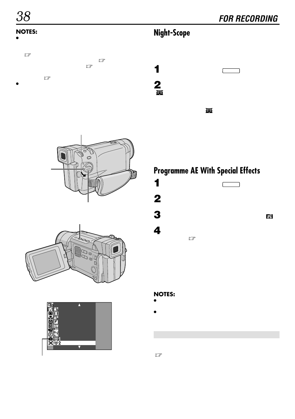 Programme ae with special effects, Night-scope, For recording | JVC GR-DVL160 User Manual | Page 38 / 88