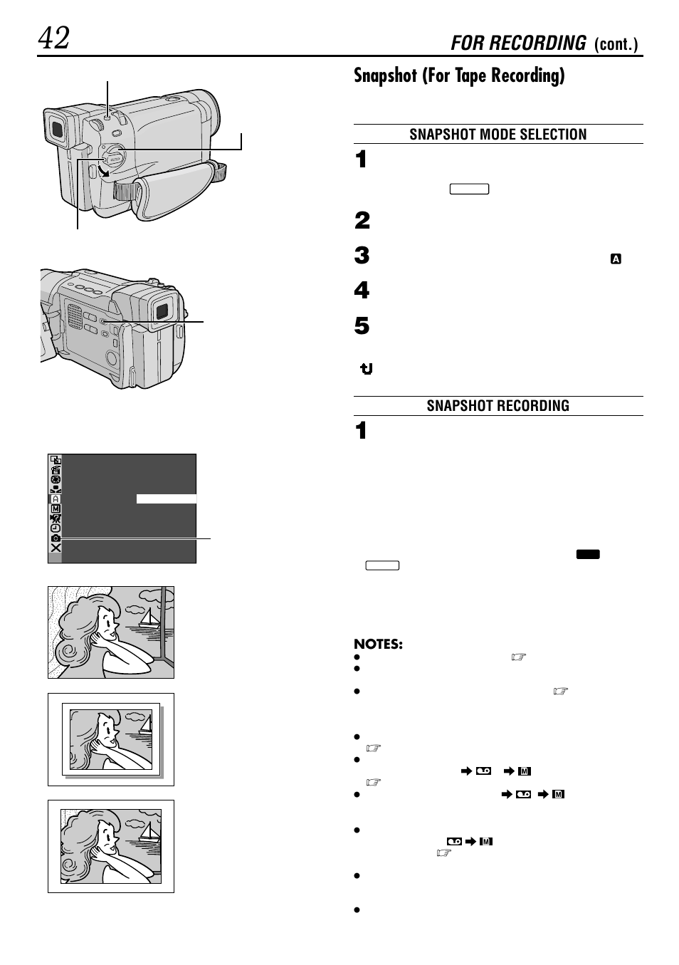 Snapshot (for tape recording), For recording, Cont.) | JVC GR-DVL160 User Manual | Page 42 / 88