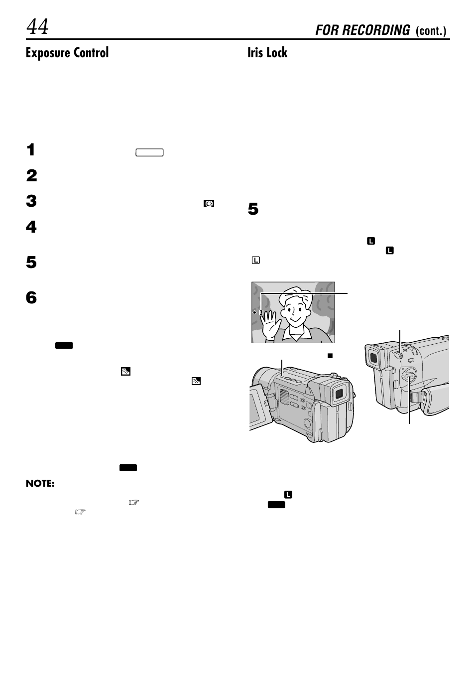 Exposure control, Iris lock, For recording | JVC GR-DVL160 User Manual | Page 44 / 88