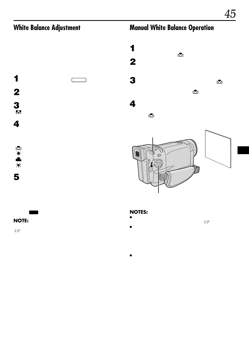 White balance adjustment, Manual white balance operation | JVC GR-DVL160 User Manual | Page 45 / 88