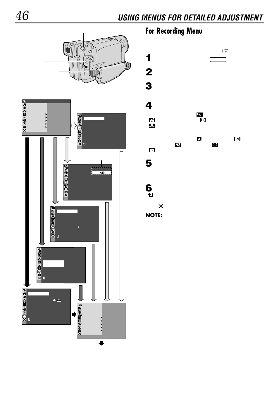 For recording menu, Using menus for detailed adjustment, Pg. 47 – 49) | Set the power switch to, Go to step 5 | JVC GR-DVL160 User Manual | Page 46 / 88