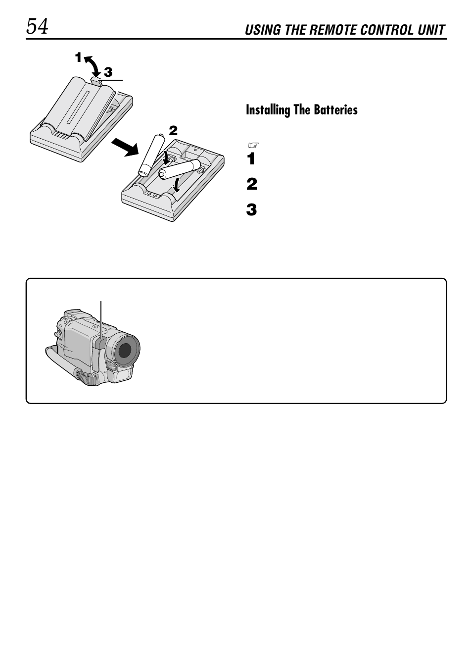 12 3 using the remote control unit, Installing the batteries | JVC GR-DVL160 User Manual | Page 54 / 88