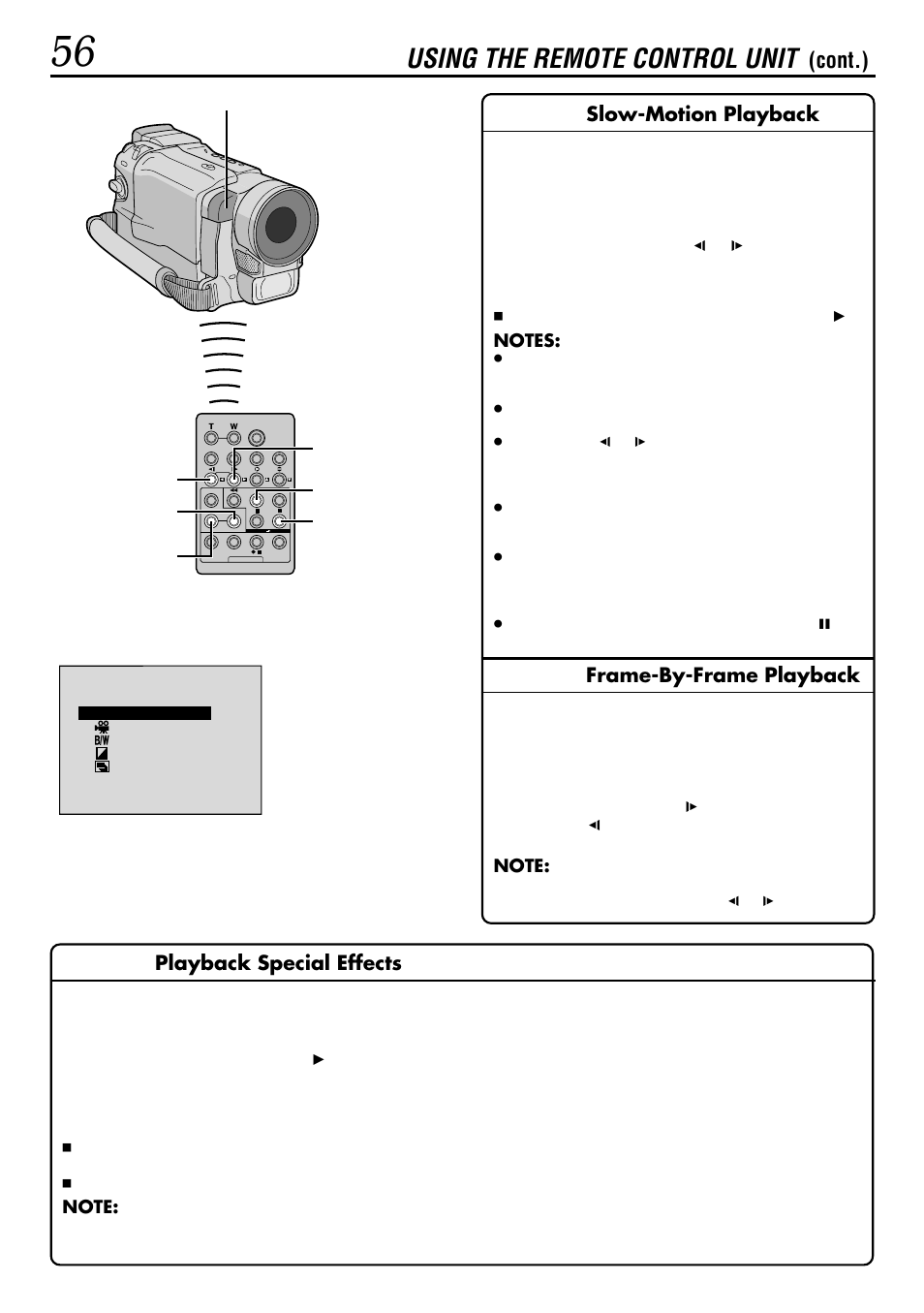 Using the remote control unit, Cont.), Slow-motion playback | Frame-by-frame playback, Playback special effects | JVC GR-DVL160 User Manual | Page 56 / 88