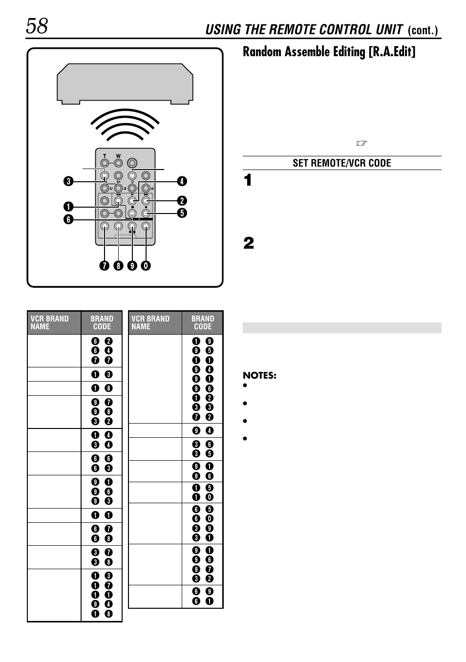 Random assemble editing [r.a.edit, Using the remote control unit, Cont.) | JVC GR-DVL160 User Manual | Page 58 / 88