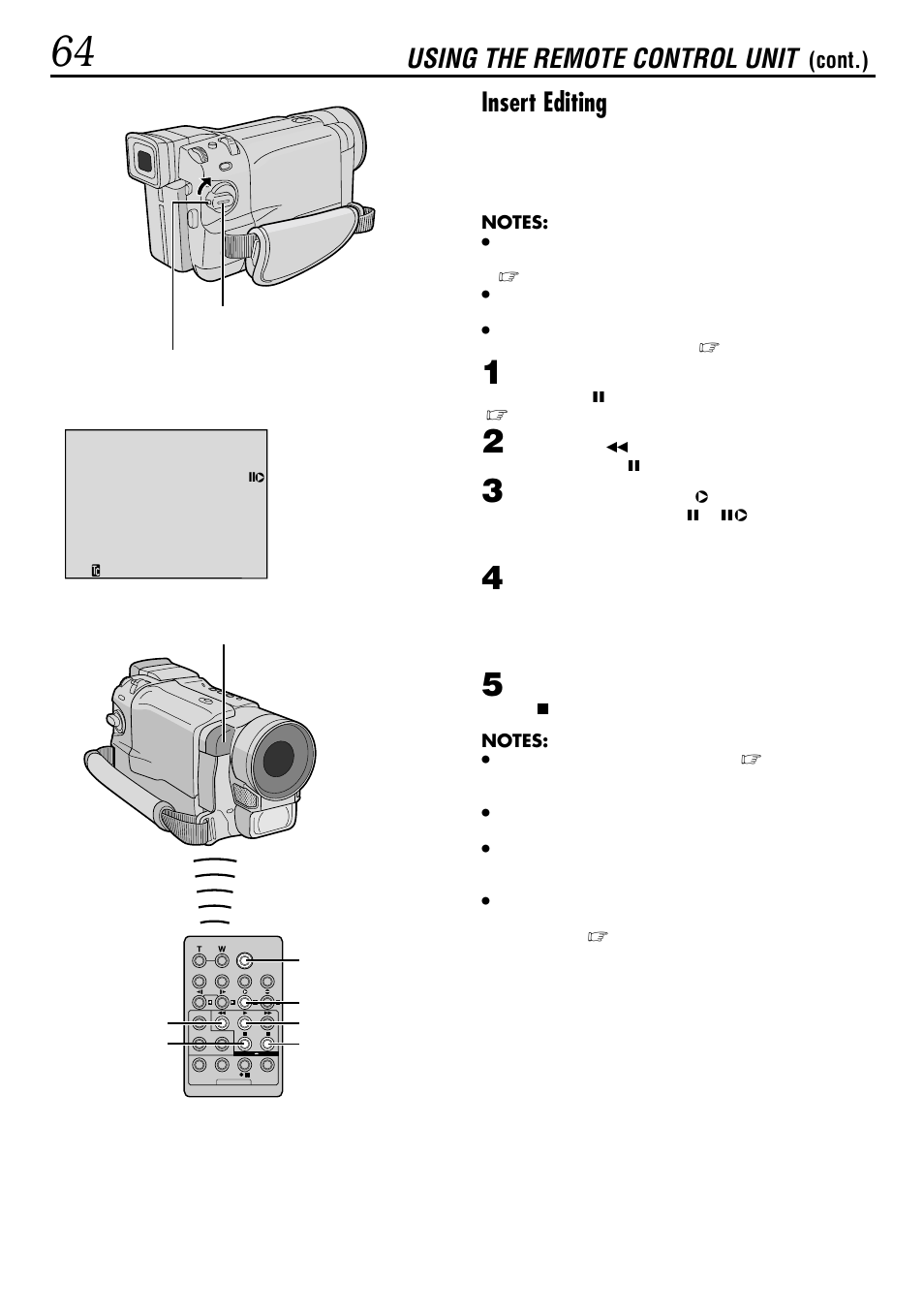 Using the remote control unit, Insert editing, Cont.) | JVC GR-DVL160 User Manual | Page 64 / 88