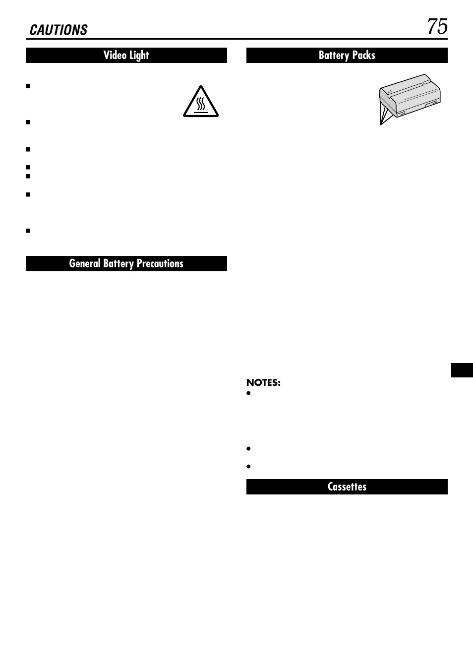 Cautions, Video light, General battery precautions | Battery packs, Cassettes | JVC GR-DVL160 User Manual | Page 75 / 88