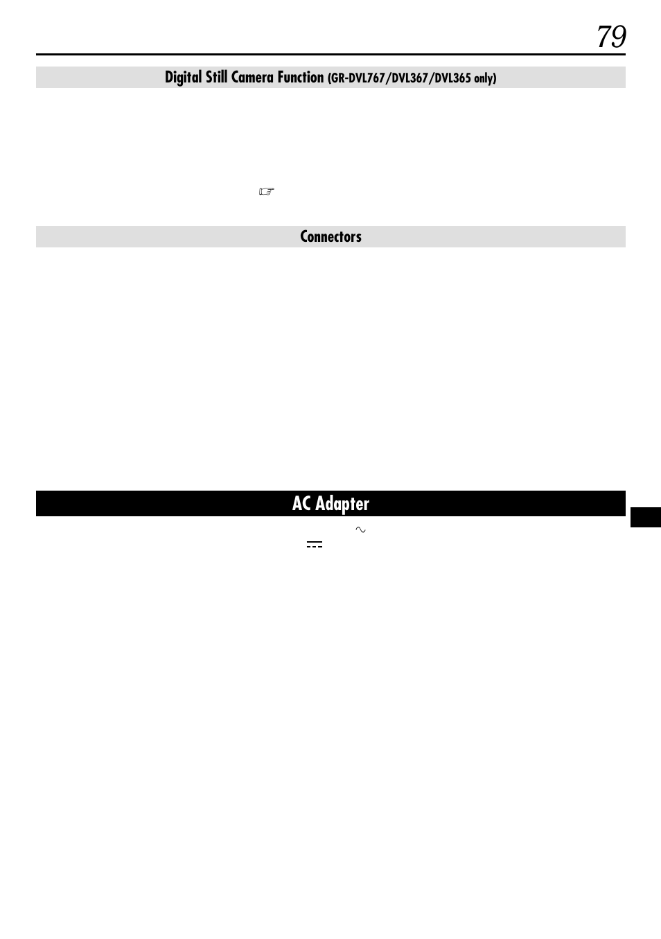 Ac adapter, Digital still camera function, Connectors | JVC GR-DVL160 User Manual | Page 79 / 88