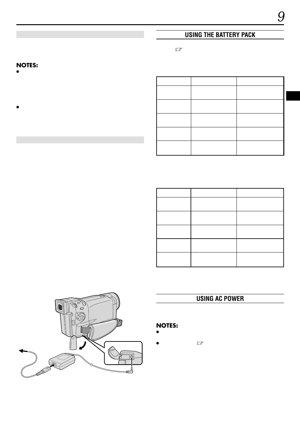 Using the battery pack, Using ac power | JVC GR-DVL160 User Manual | Page 9 / 88