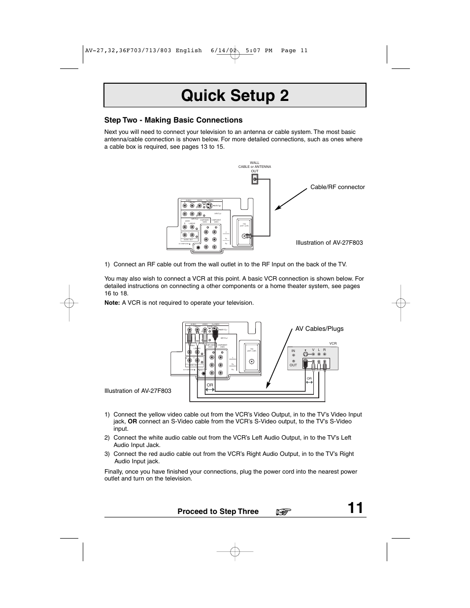 Quick setup 2, Step two - making basic connections, Proceed to step three | Av cables/plugs, Cable/rf connector | JVC AV-27F803 User Manual | Page 11 / 56