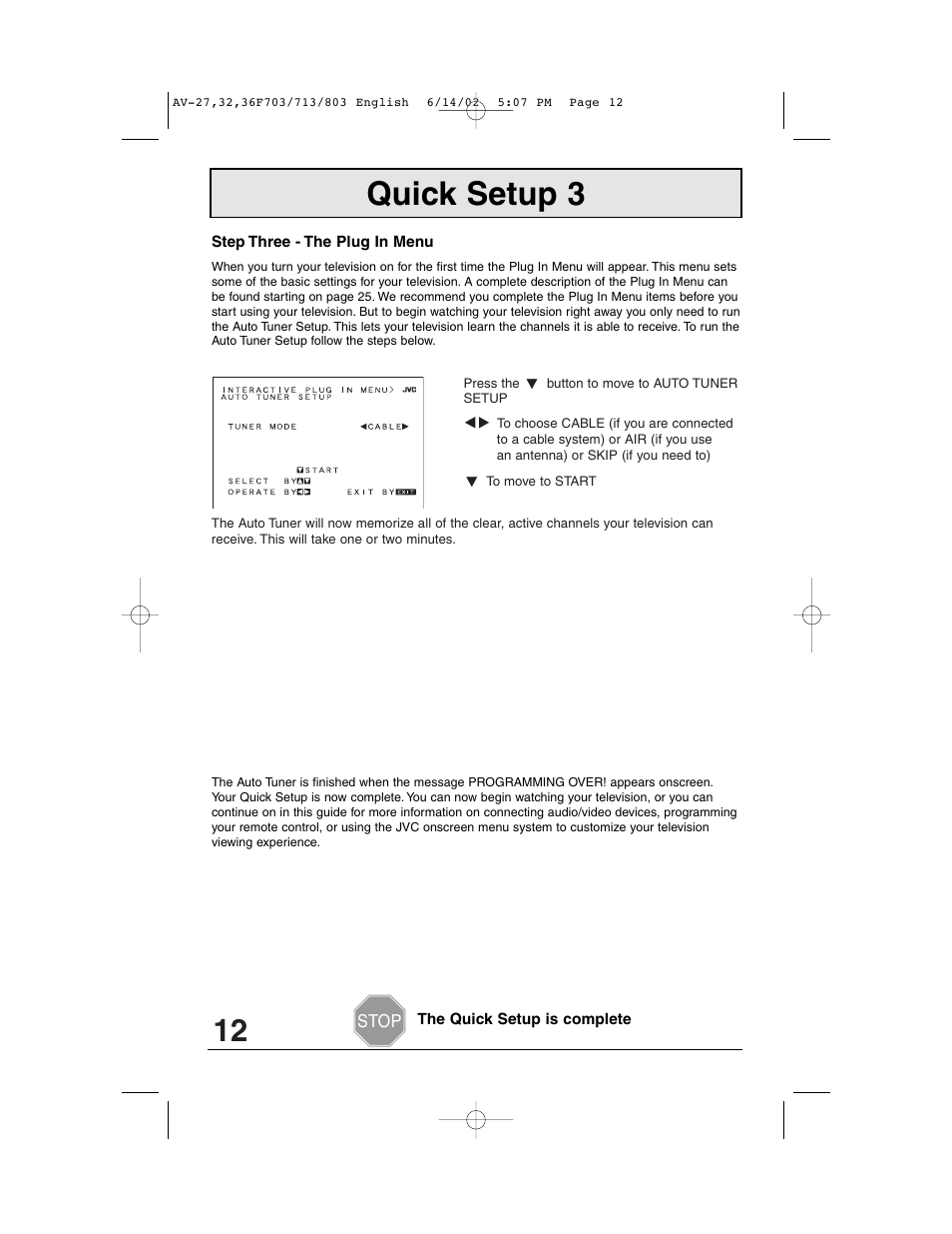 Quick setup 3 | JVC AV-27F803 User Manual | Page 12 / 56