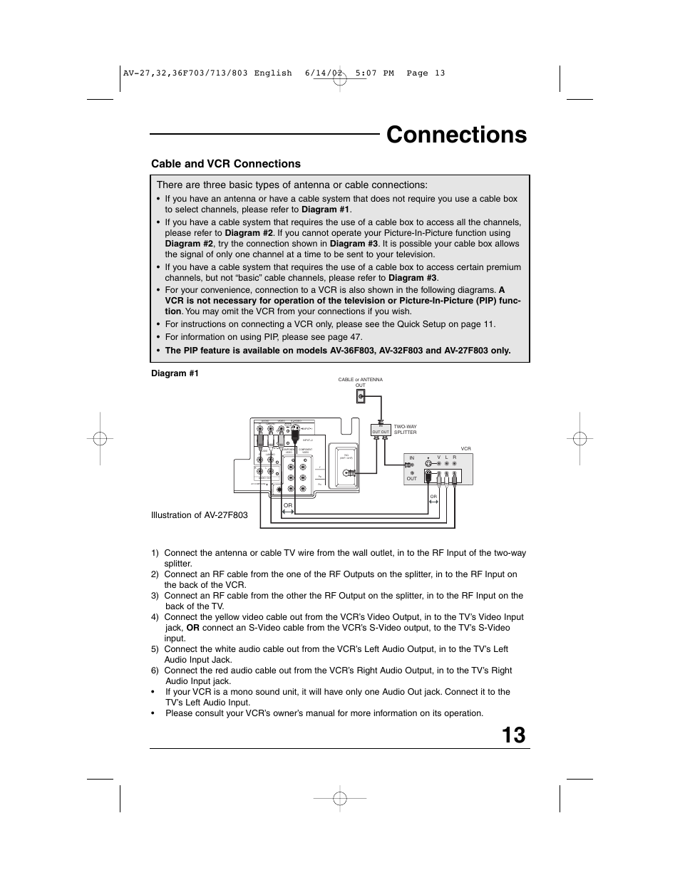 Connections, Cable and vcr connections | JVC AV-27F803 User Manual | Page 13 / 56
