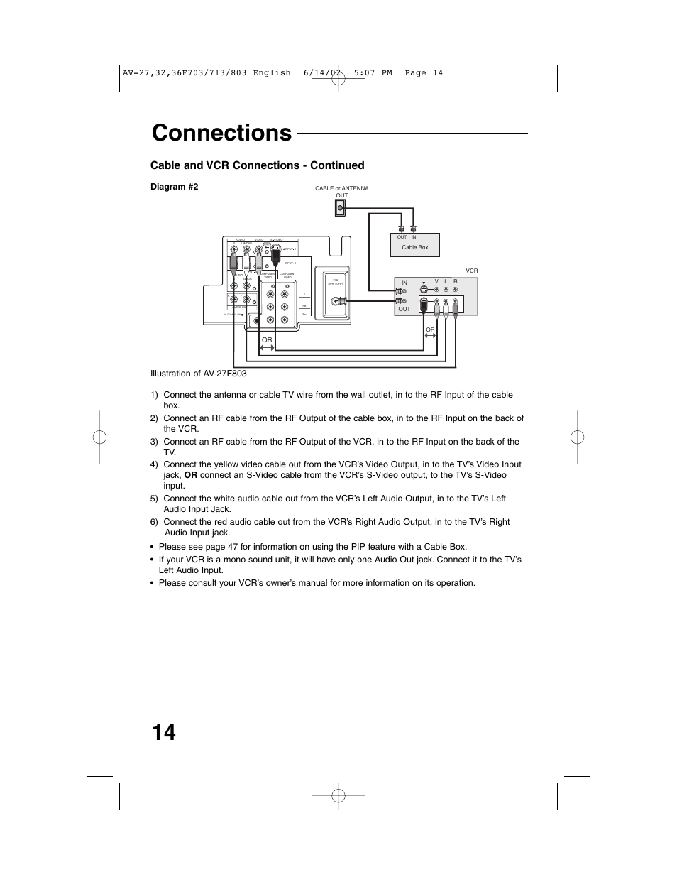 Connections, Cable and vcr connections - continued | JVC AV-27F803 User Manual | Page 14 / 56