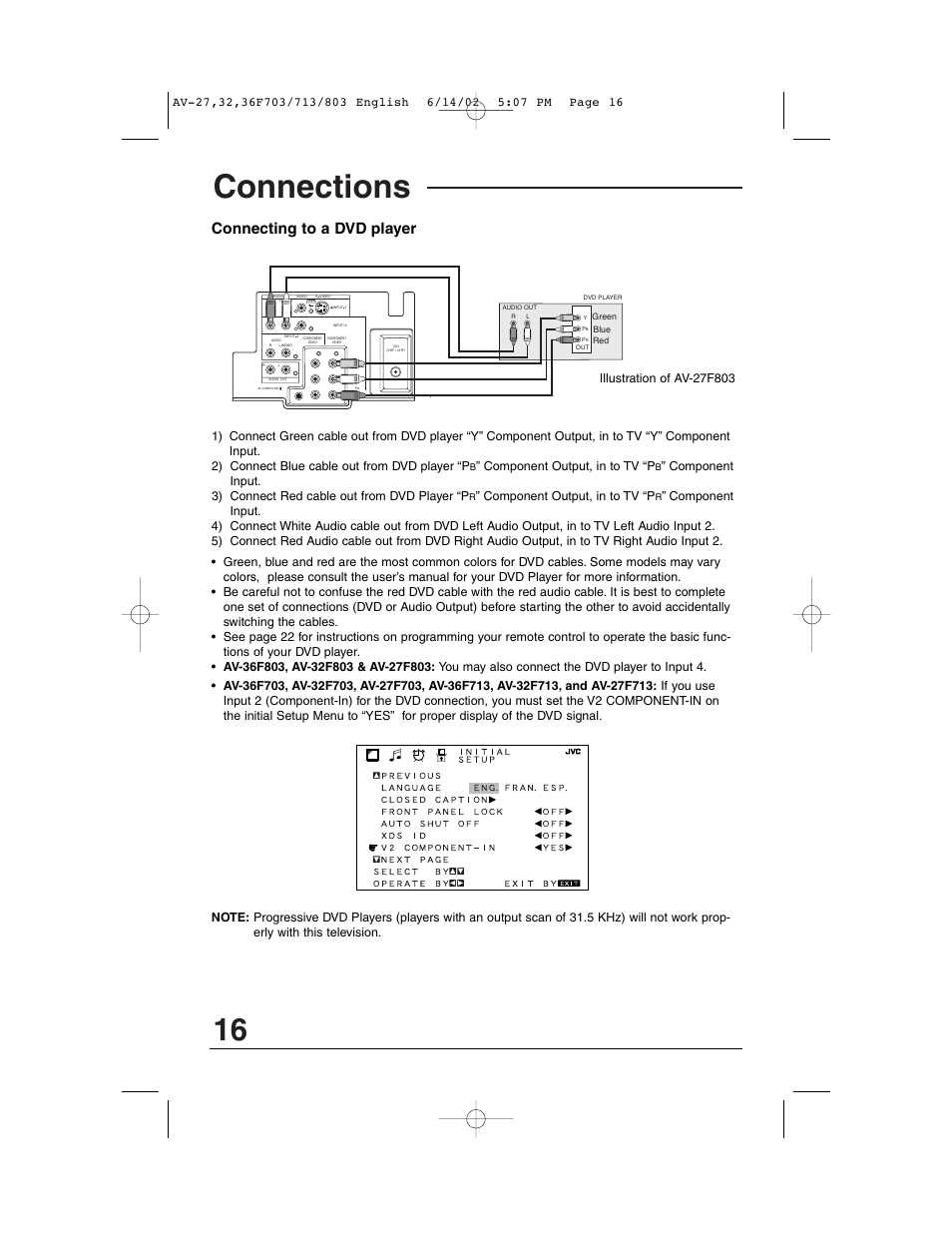 Connections, Connecting to a dvd player, Component output, in to tv “p | JVC AV-27F803 User Manual | Page 16 / 56