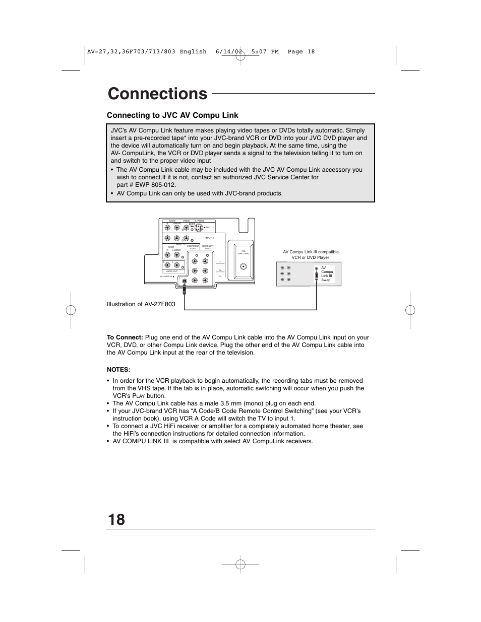 Connections, Connecting to jvc av compu link | JVC AV-27F803 User Manual | Page 18 / 56