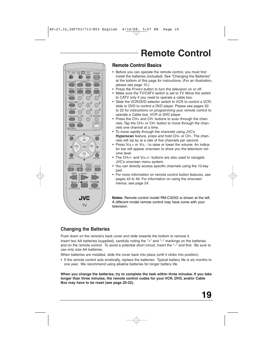 Remote control, Changing the batteries, Remote control basics | JVC AV-27F803 User Manual | Page 19 / 56