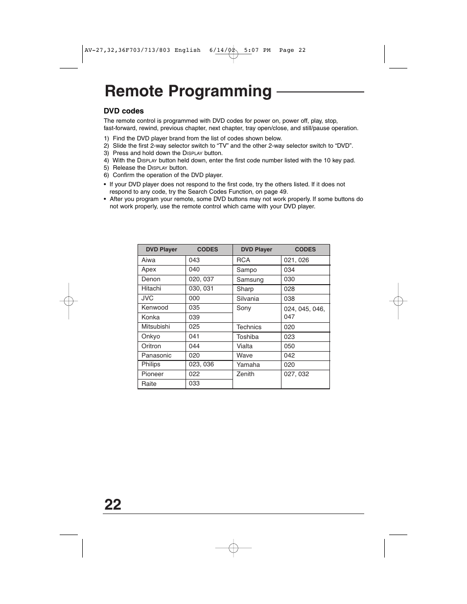 Remote programming | JVC AV-27F803 User Manual | Page 22 / 56