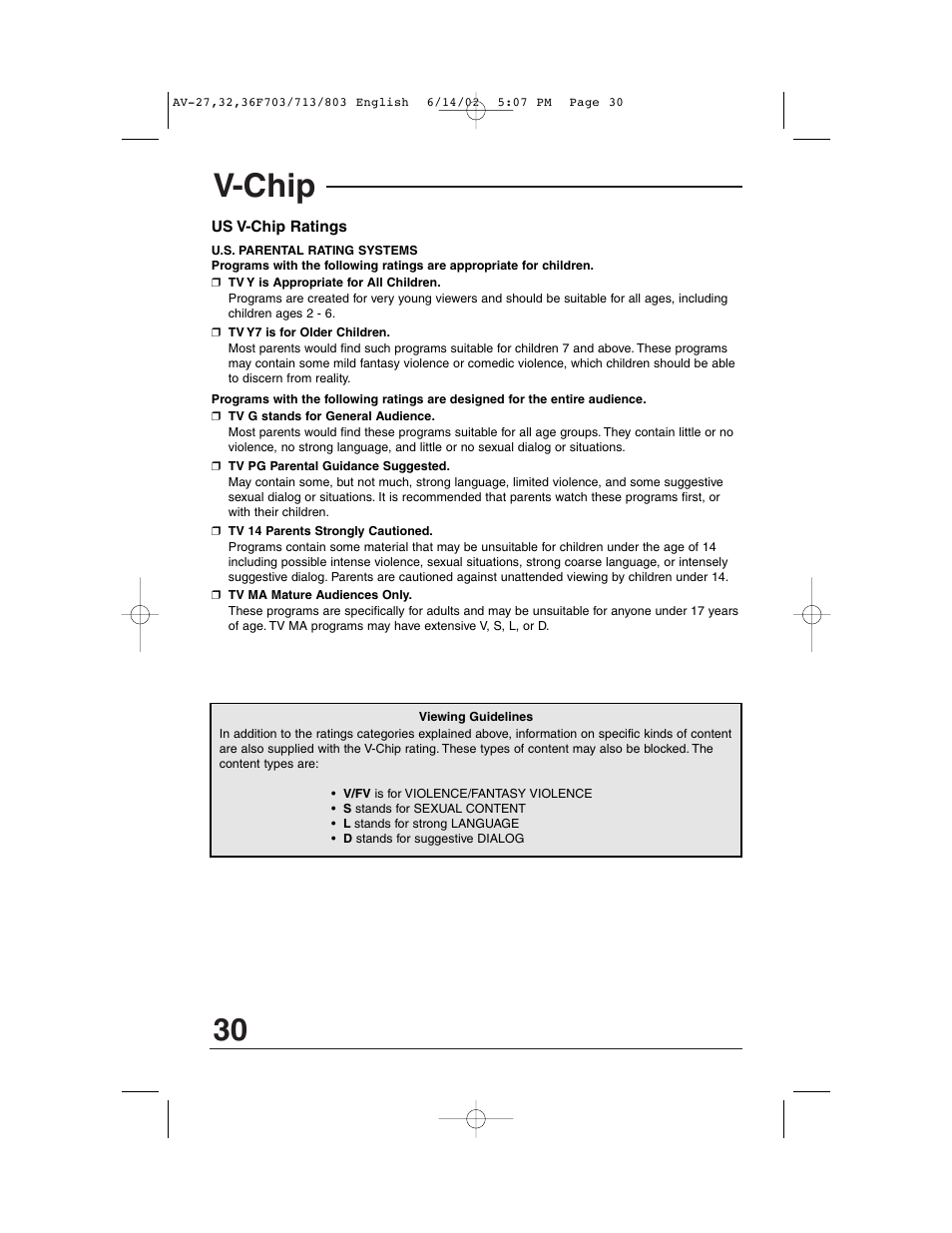 V-chip | JVC AV-27F803 User Manual | Page 30 / 56