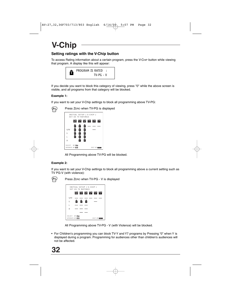 V-chip, Setting ratings with the v-chip button, Program is rated : tv-pg - v | JVC AV-27F803 User Manual | Page 32 / 56