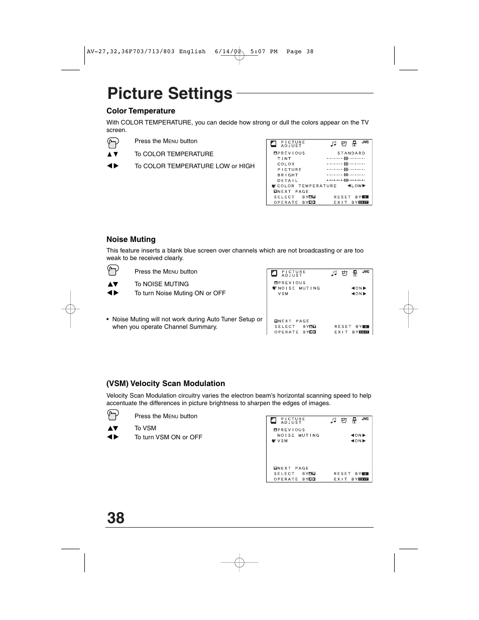 Picture settings | JVC AV-27F803 User Manual | Page 38 / 56