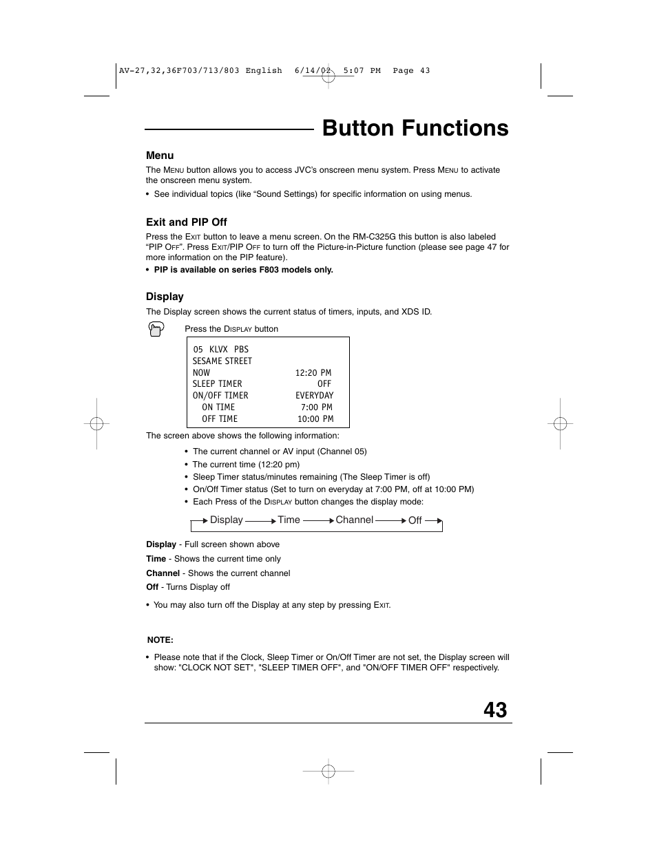 Button functions | JVC AV-27F803 User Manual | Page 43 / 56
