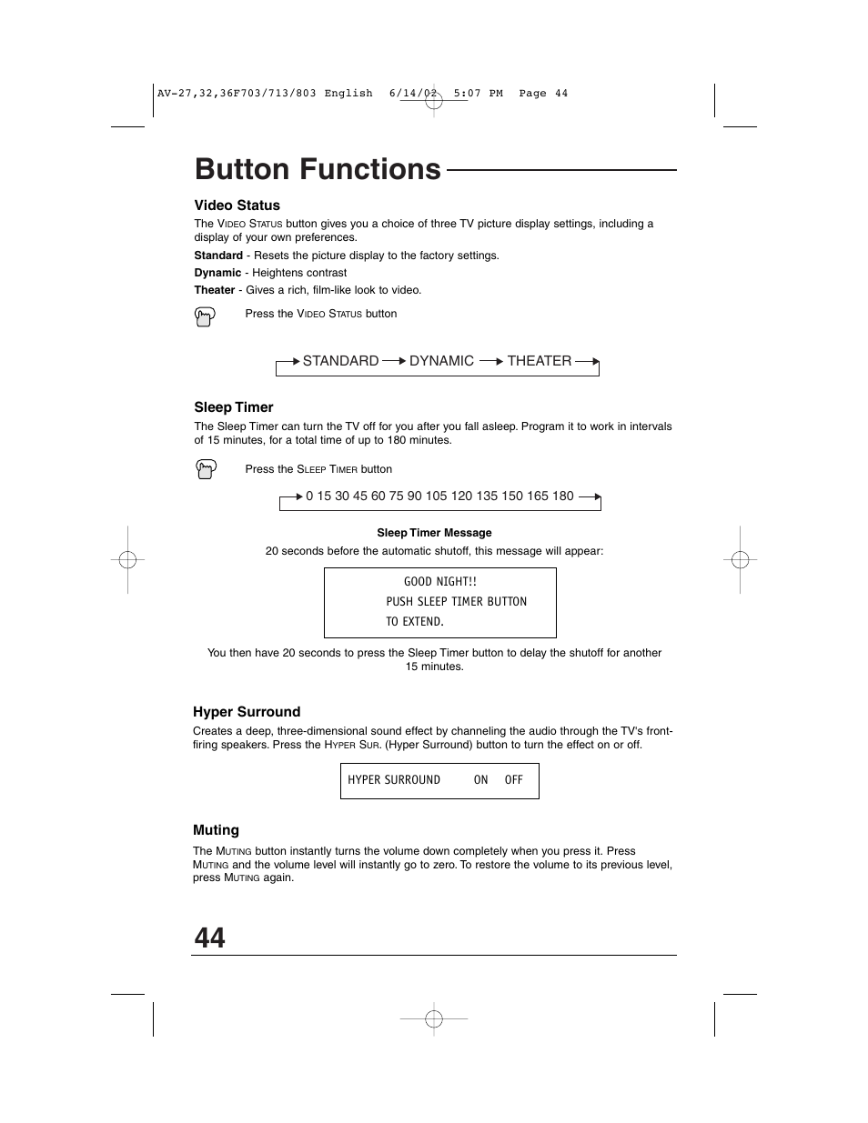 Button functions | JVC AV-27F803 User Manual | Page 44 / 56
