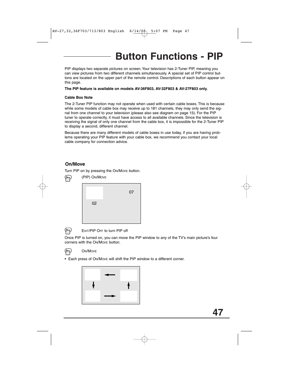 Button functions - pip | JVC AV-27F803 User Manual | Page 47 / 56