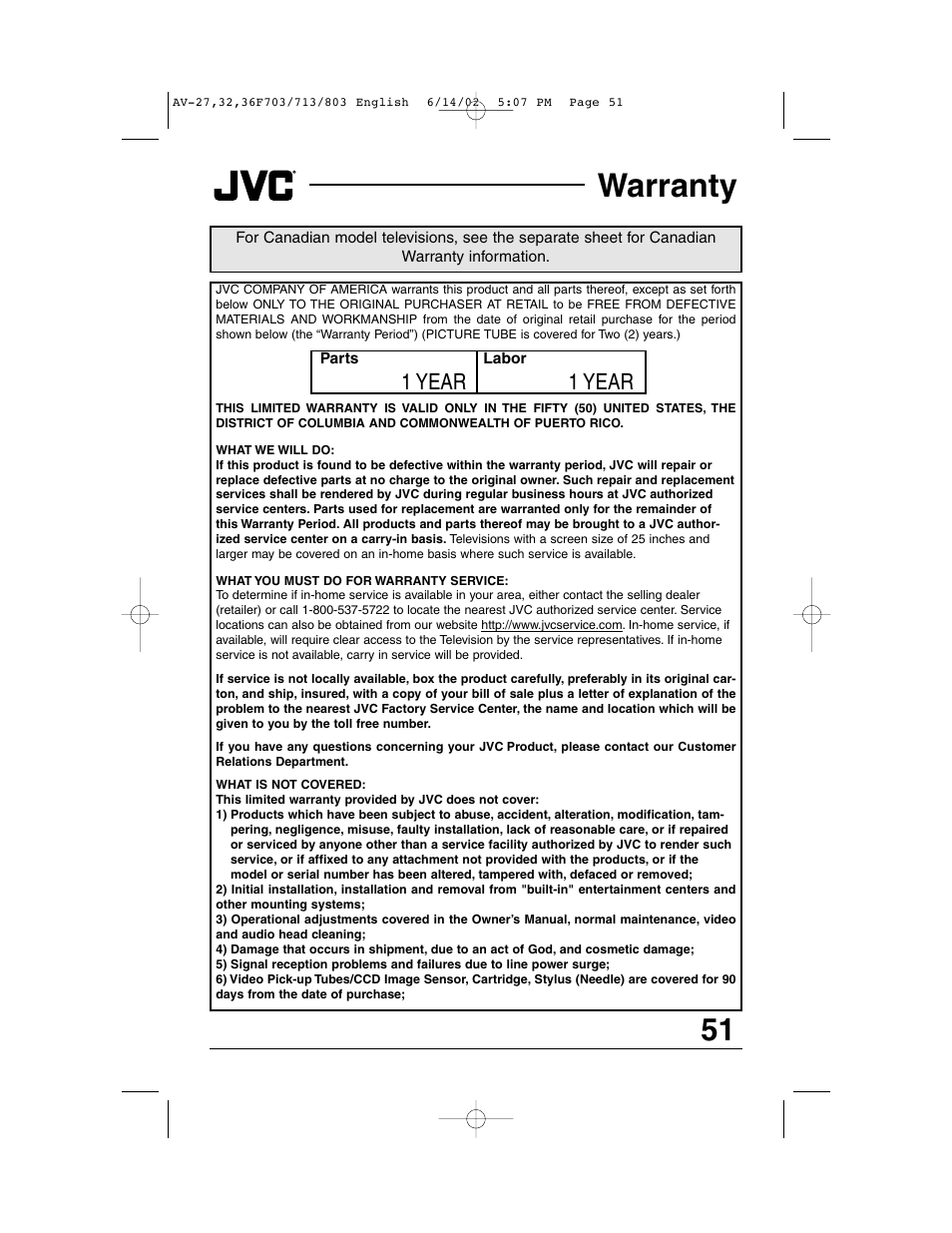 Warranty, 1 year | JVC AV-27F803 User Manual | Page 51 / 56